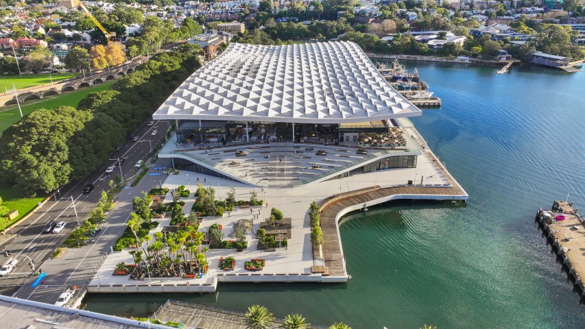 Aerial view of the Sydney Fish Market at Blackwattle Bay featuring the public waterfront and custom public furniture by StraBe.